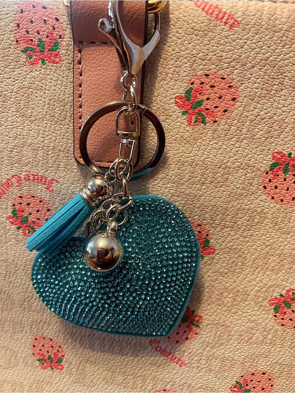 Turquoise Rhinestone Heart Keychain with Tassel